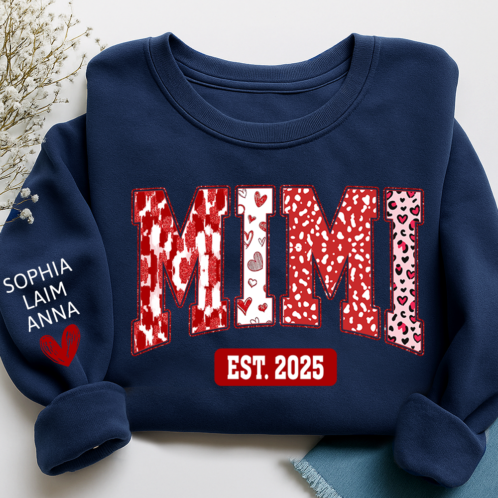 Custom Mimi Sweatshirt, Valentine Heart Pattern Pullover with Names
