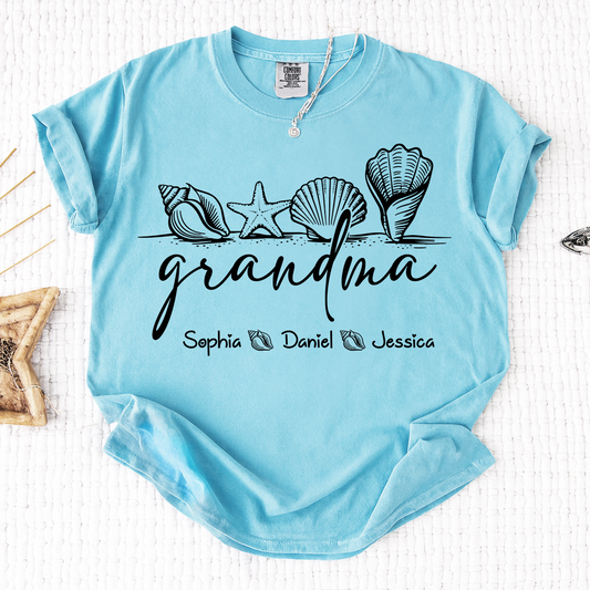 Comfort Colors Custom Grandma Seashell Shirt, Personalized Grandchildren Names Tee, Beach Lover Grandma Gift for Mother's Day and Birthday