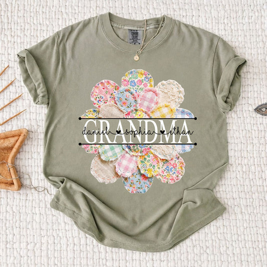 Comfort Colors Personalized Grandma Patchwork Flower Shirt, Custom Nana Mimi Gigi Tee With Grandkids Names, Vintage Fabric Floral Design Grandmother Gift Family Mothers Day Grandma Apparel