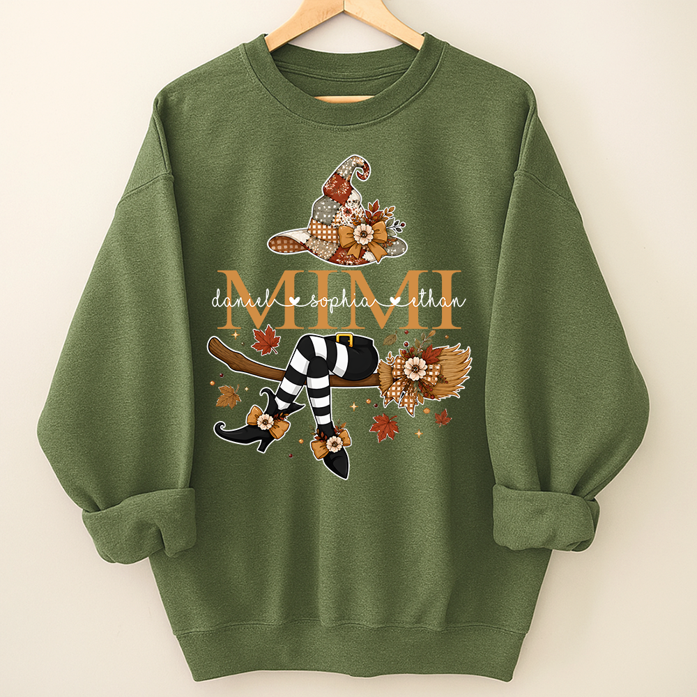 Personalized Halloween Mimi Sweatshirt, Witch Hat Pumpkin Floral Sweatshirt, Custom Kids Names Grandma Fall Outfit