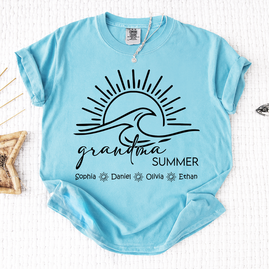 Comfort Colors Personalized Grandma Summer Shirt, Custom Grandkids Names Wave T-Shirt, Beach Vacation Grandma Gift, Family Matching Tee