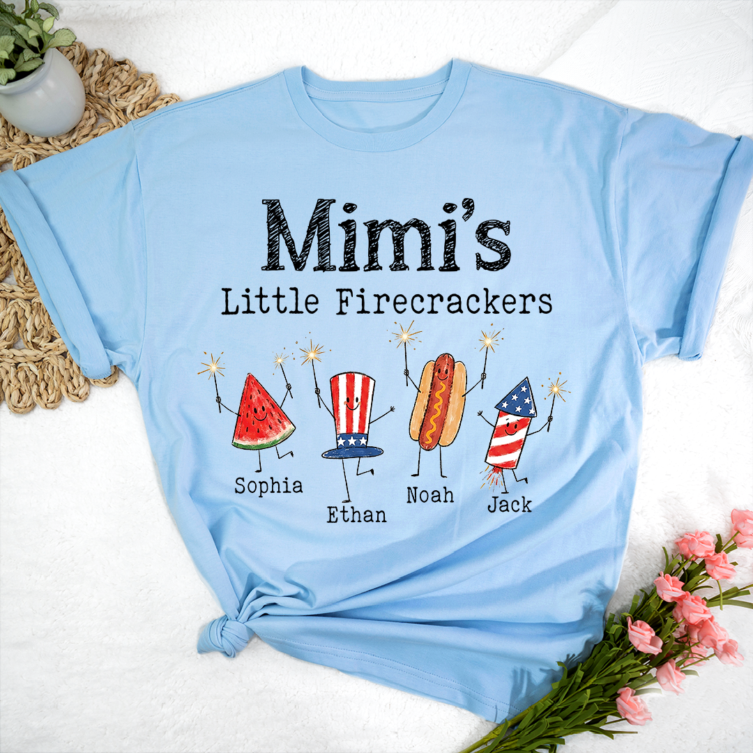 Personalized Mimi's Little Firecrackers Shirt, Custom Grandma Tee with Grandkids Names, Patriotic 4th of July Family Shirt for Mimi