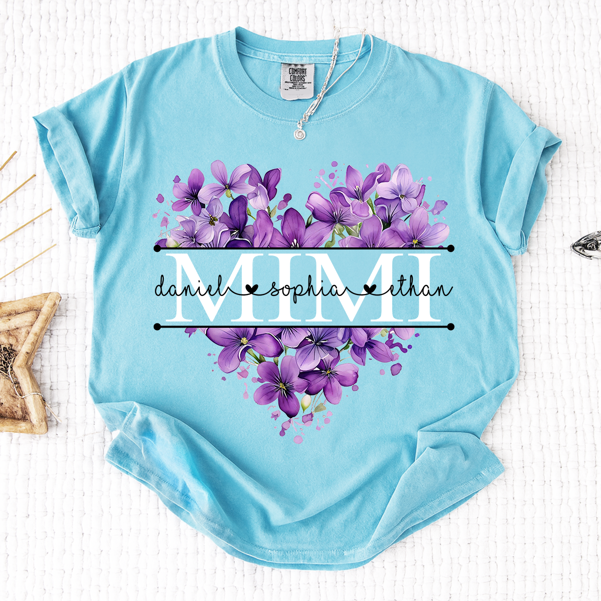 Comfort Colors Purple Floral Heart Mimi Shirt, Personalized Family Names and Violet Flower Design T Shirt