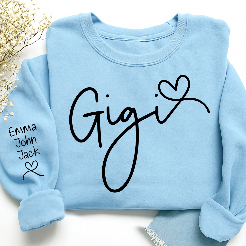 Custom Gigi Sweatshirt, Elegant Script Heart Design Personalized Names
