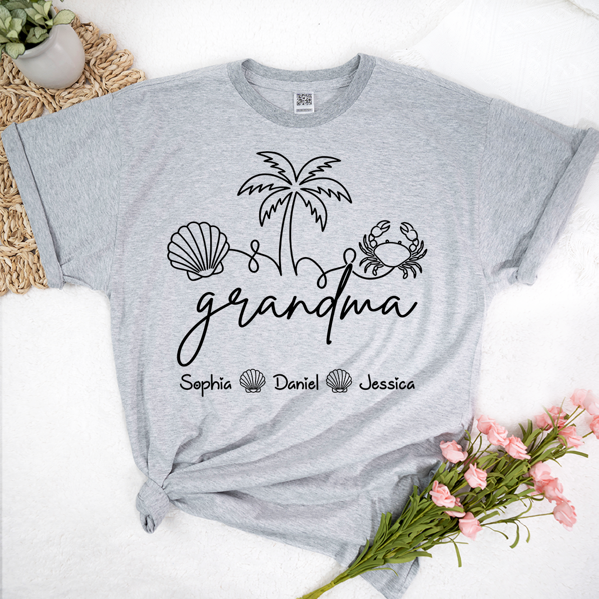 Personalized Grandma Beach Shirt with Grandkids Names, Coastal Palm Tree and Seashell Tee, Custom Summer Family Gift for Grandma