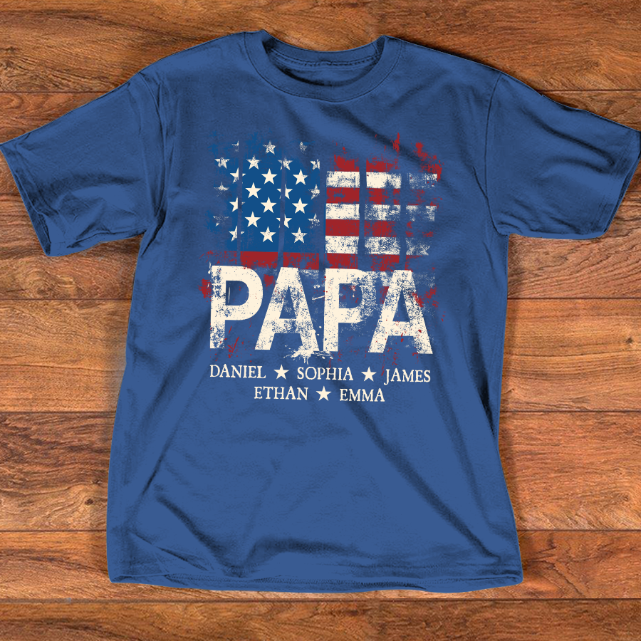 Custom Papa Shirt with Distressed USA Flag – Personalized Father Gift Featuring Grandkids or Kids Names
