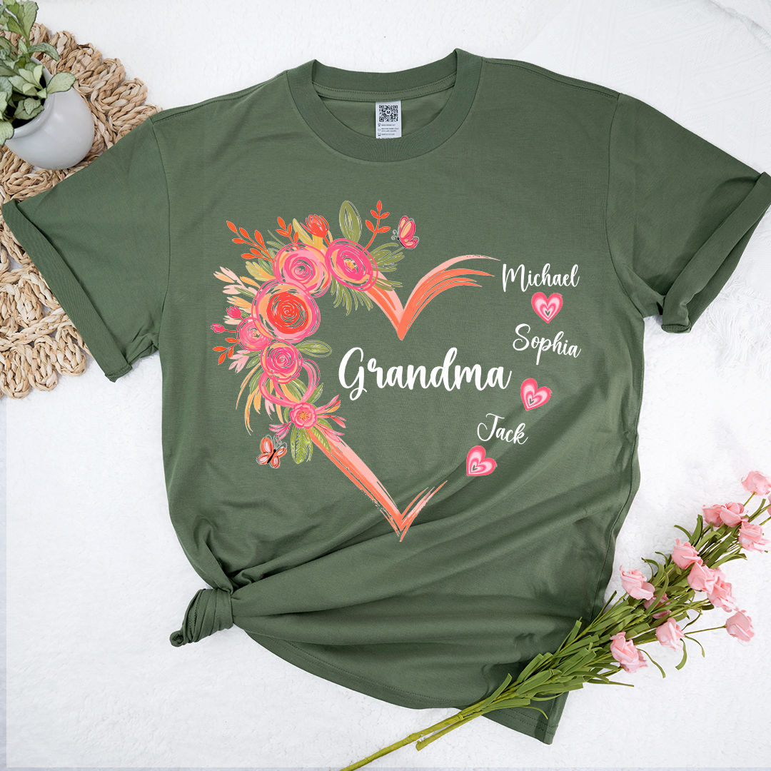 Personalized Grandma Floral Heart Shirt with Grandkids Names, Family Love T Shirt Gift