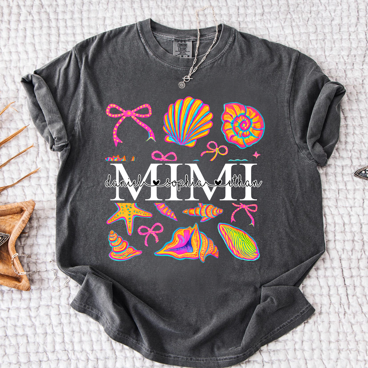 Comfort Colors Personalized Mimi Shirt with Names, Vibrant Seashell Beach Design Tee, Summer Family Gathering Outfit for Women