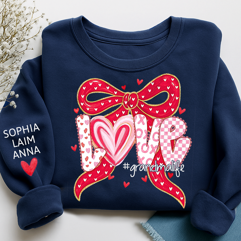 Custom Grandma Life Love Sweatshirt, Heart Bow Valentine Gift