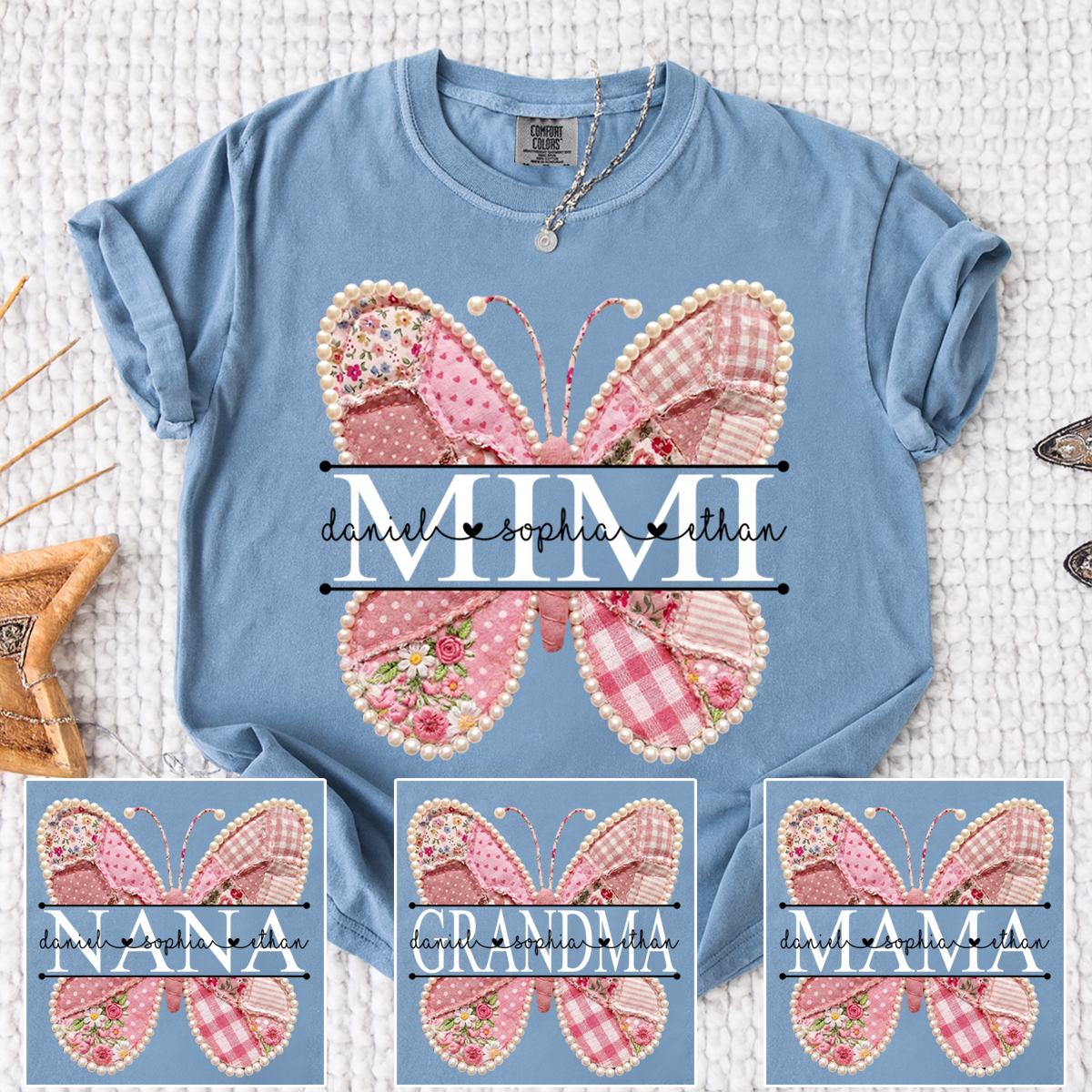 Comfort Personalized Mimi Shirt with Grandkids Names, Pink Butterfly Patchwork Design Family Tee