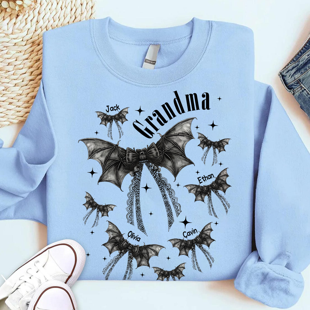 Grandma Halloween Sweatshirt, Personalized Family Spooky Bow for Grandma And Kids