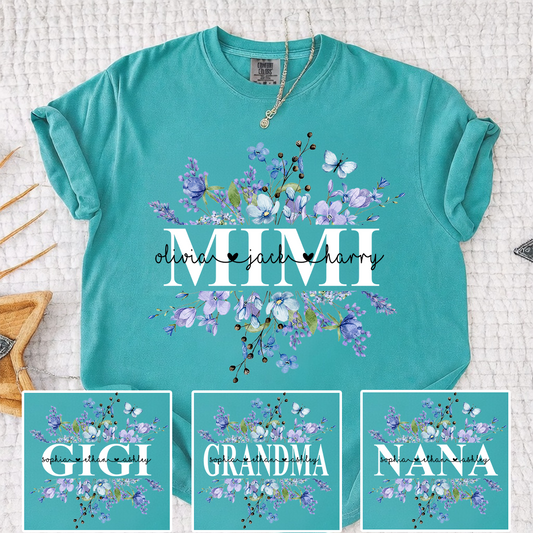 Comfort Colors Personalized Mimi Shirt Blue Wildflower Design Custom Grandma Nana Gigi Name Tee with Grandkids Names Elegant Family Outfit for Women