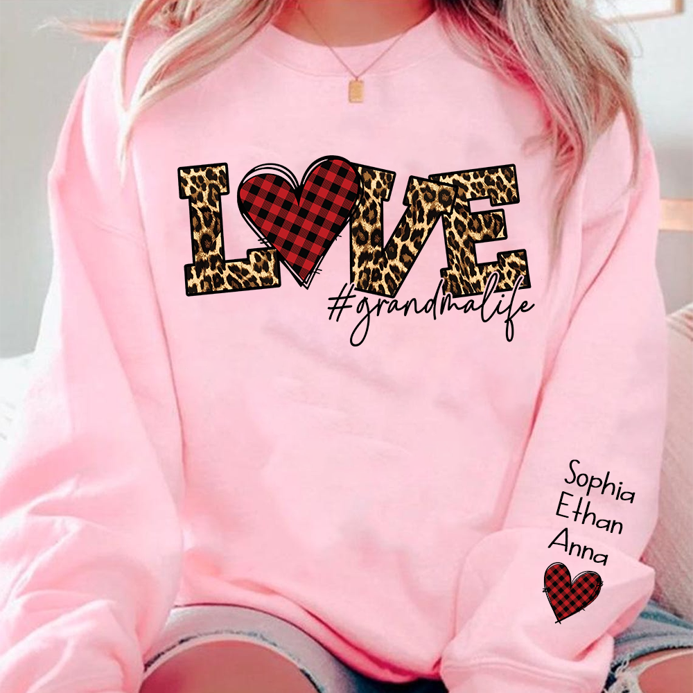 Grandma Sweatshirt Personalized with Names, Love Leopard Print Heart, Cozy Family Crewneck for Grandma