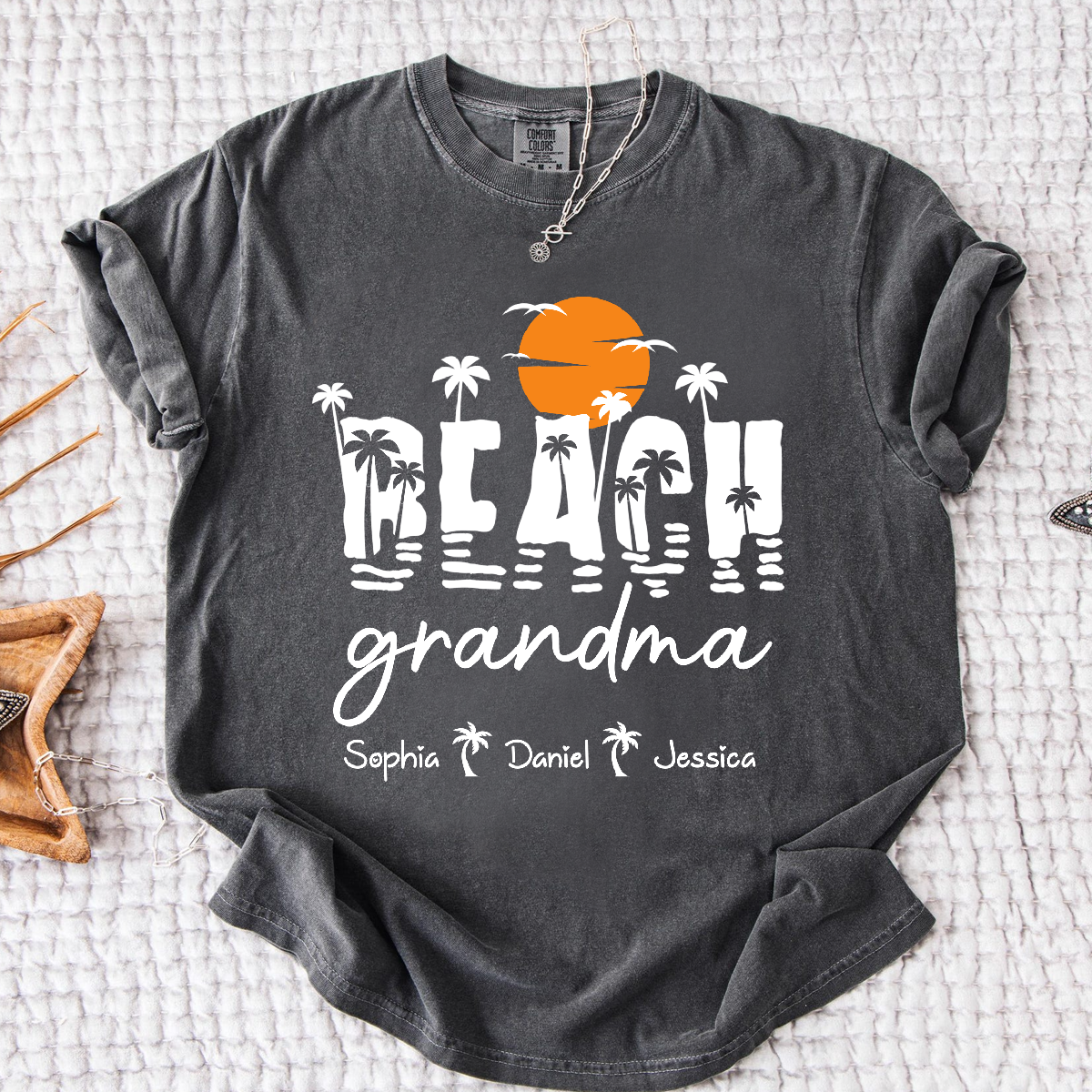 Comfort Colors Personalized Tropical Grandma Shirt – Custom Beach Sunset Palm Tree Tee with Grandchildren Names, Vacation Gift for Her