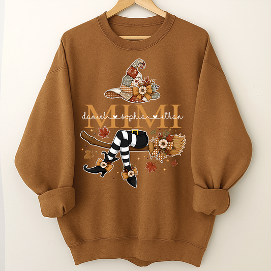 Personalized Halloween Mimi Sweatshirt, Witch Hat Pumpkin Floral Sweatshirt, Custom Kids Names Grandma Fall Outfit
