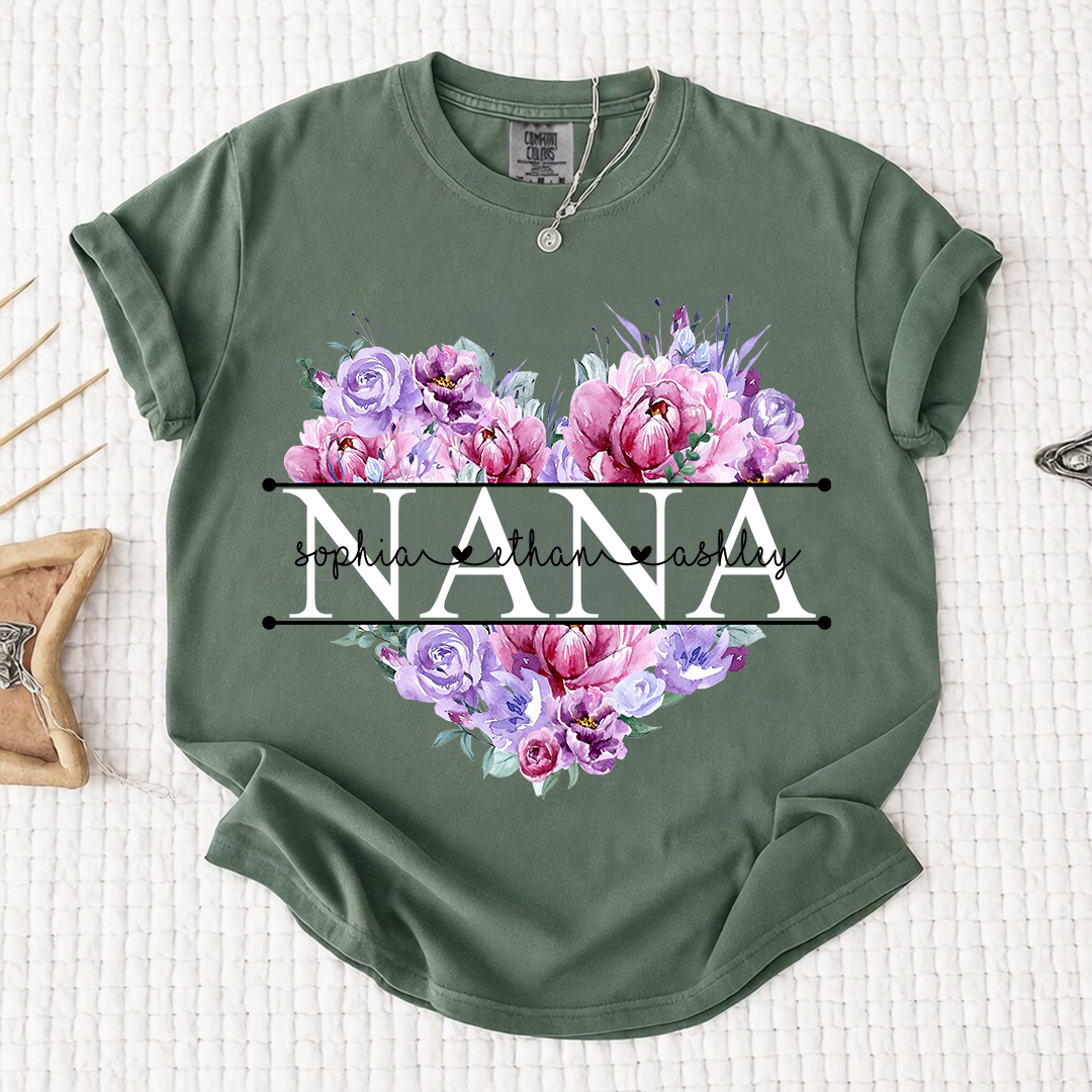 Comfort Color Personalized Nana Shirt Purple Floral Heart Design Custom Grandma Mimi Gigi Name Tee with Grandkids Names Elegant Family Outfit for Women