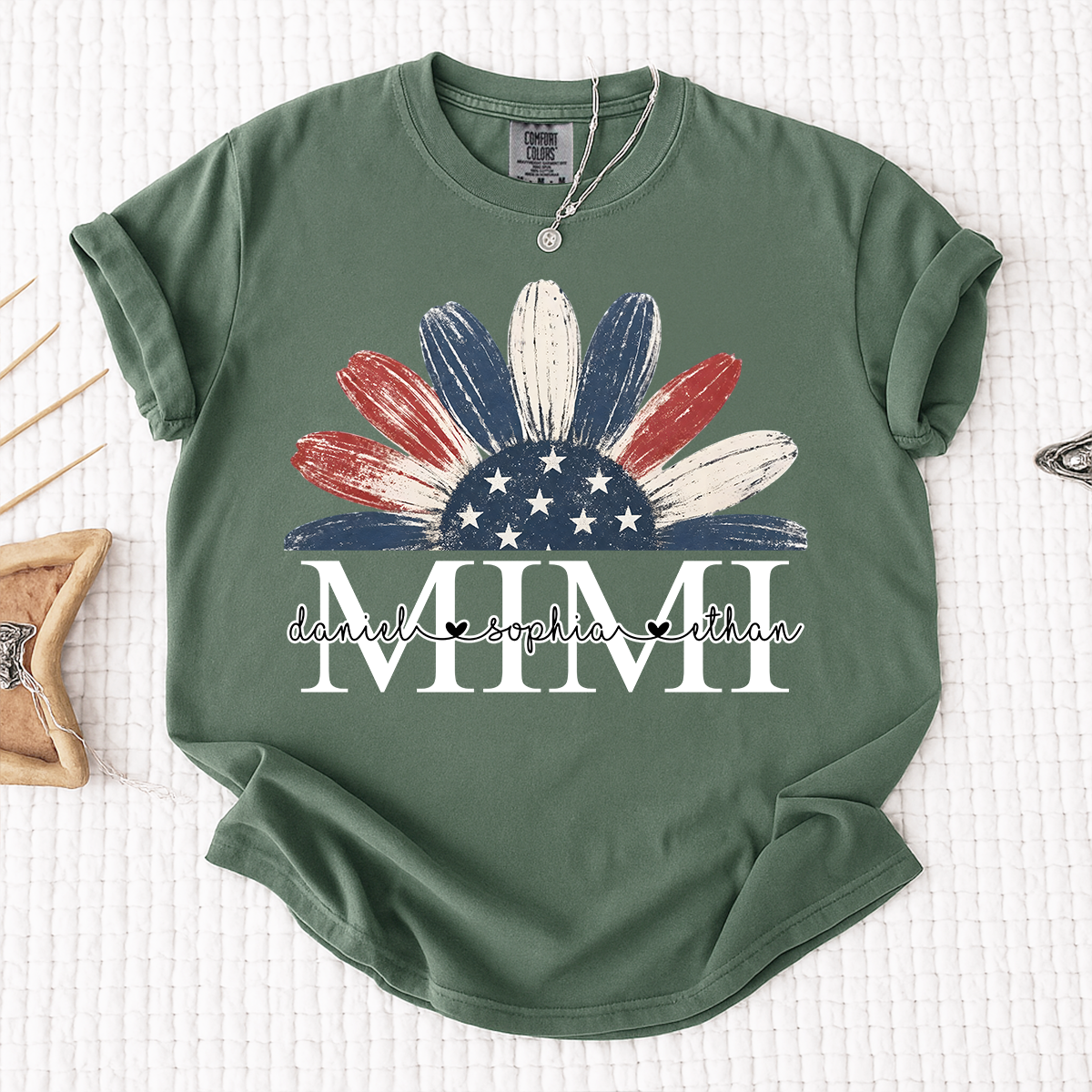 Comfort Colors Floral Mimi T Shirt, Custom Name Design with American Flag, Personalized Grandma Gift, Patriotic 4th of July Shirt