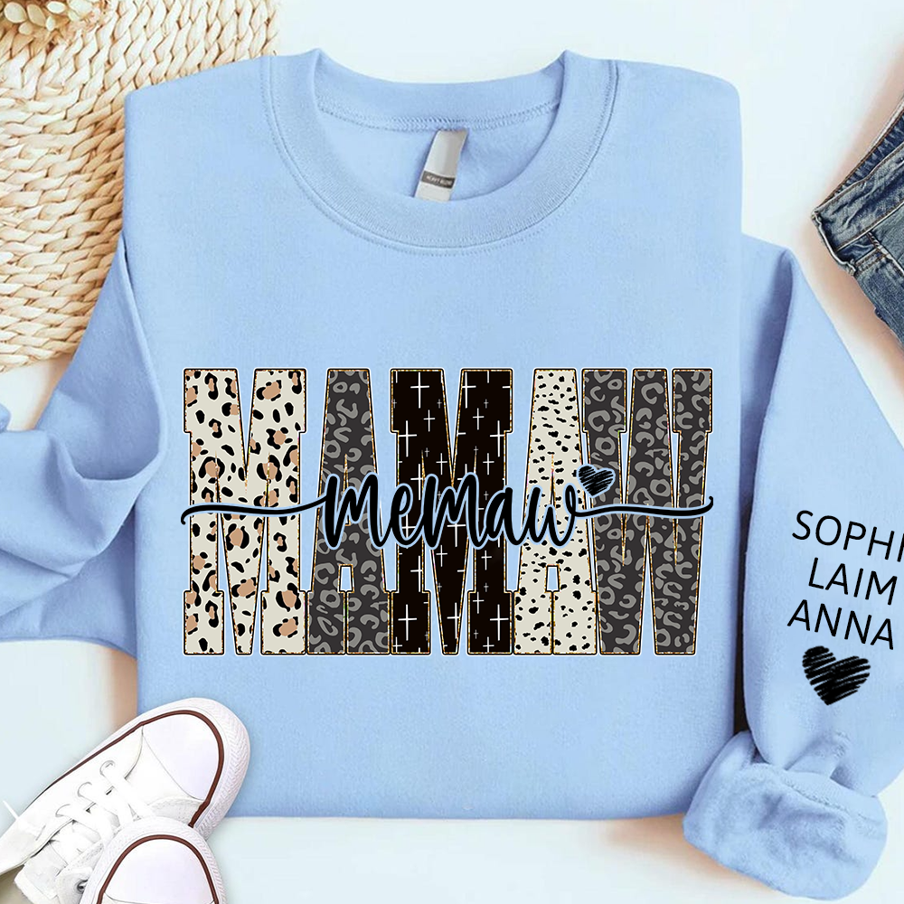 Personalized Memaw Leopard Sweatshirt – Custom Bible Style Design, Unique Gift for Grandma and Her Grandkids