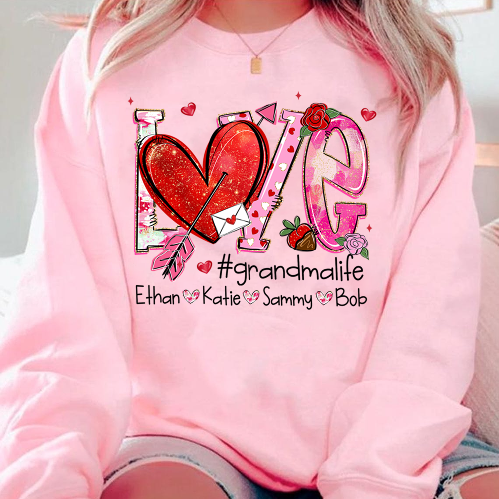 Custom Grandma Life Love Sweatshirt, Heart Patchwork Valentine Gift For Grandma And Kids