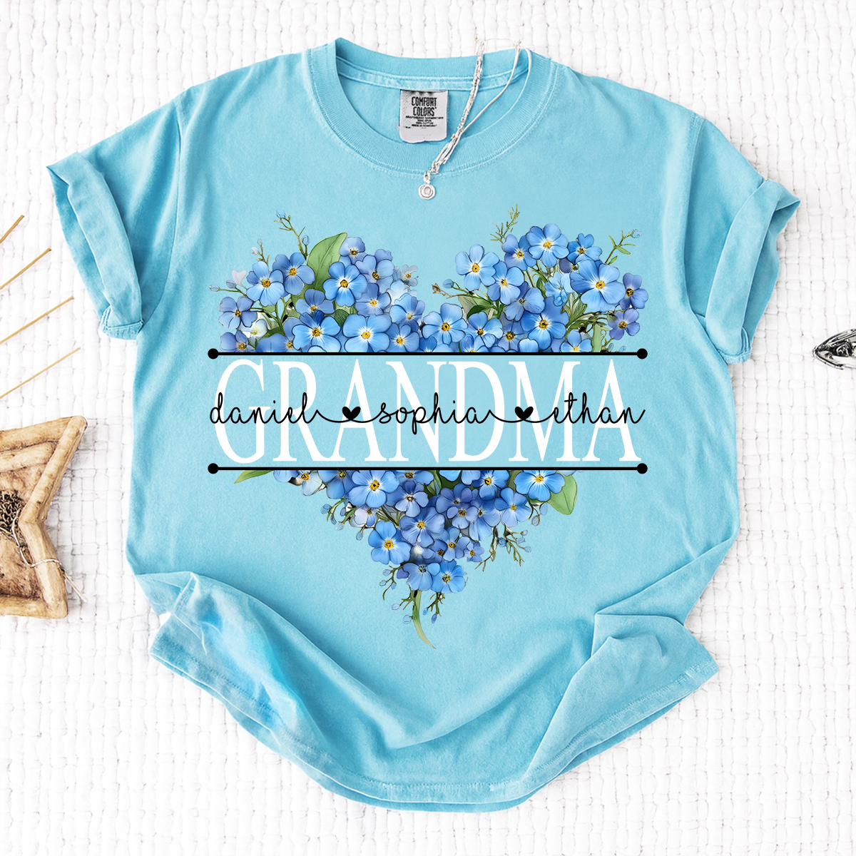 Comfort Mimi Blue Floral Shirt with Custom Grandchildren Names, Heart Family Tee