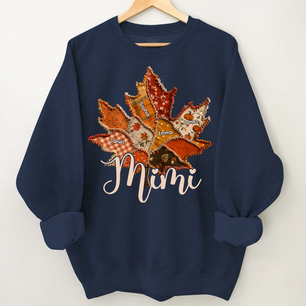 Personalized Mimi Fall Sweatshirt, Custom Grandkids Names Leaf Patchwork Sweatshirt, Autumn Grandma Gift, Cozy Thanksgiving Outfit