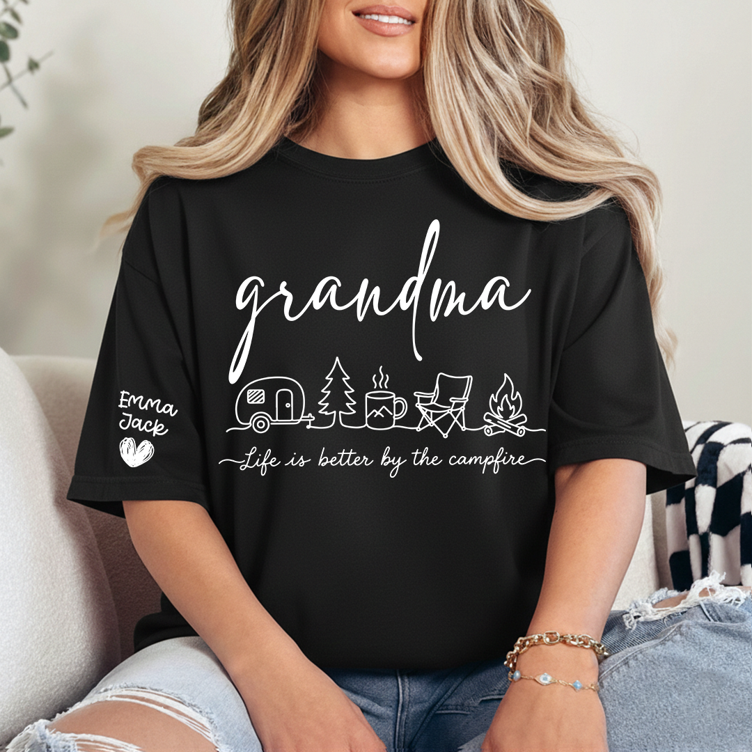 Grandma Camping Shirt, Life Is Better By The Campfire Tee, Personalized Grandkids Names Sleeve Shirt, Camping Gift for Grandma