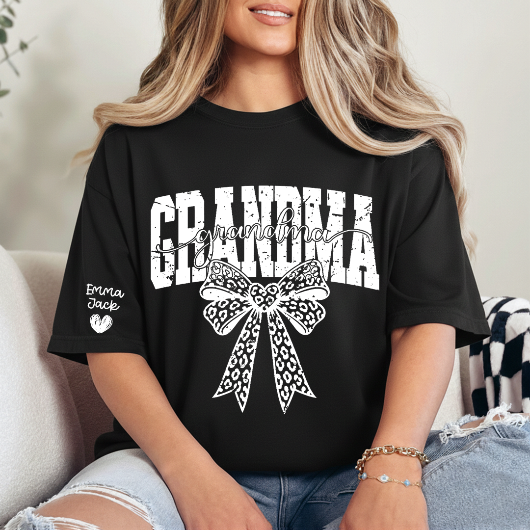 Personalized Grandma T-Shirt with Leopard Print Bow and Custom Grandkids Names
