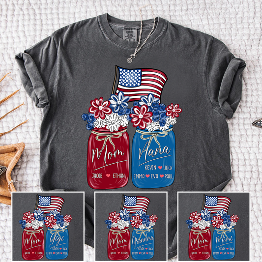 Mom Grandma Shirt - Custom Floral Flag American Family Names Tee - Perfect 4th of July Gift for Her