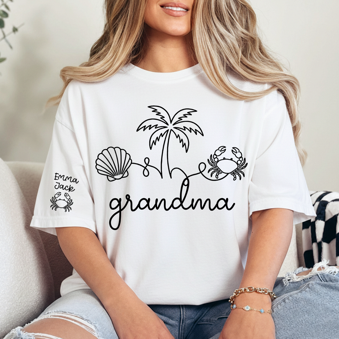 Personalized Grandma Beach Shirt, Custom Grandkids Names Sleeve Tee, Coastal Grandma T Shirt, Ocean Lover Gift for Grandma