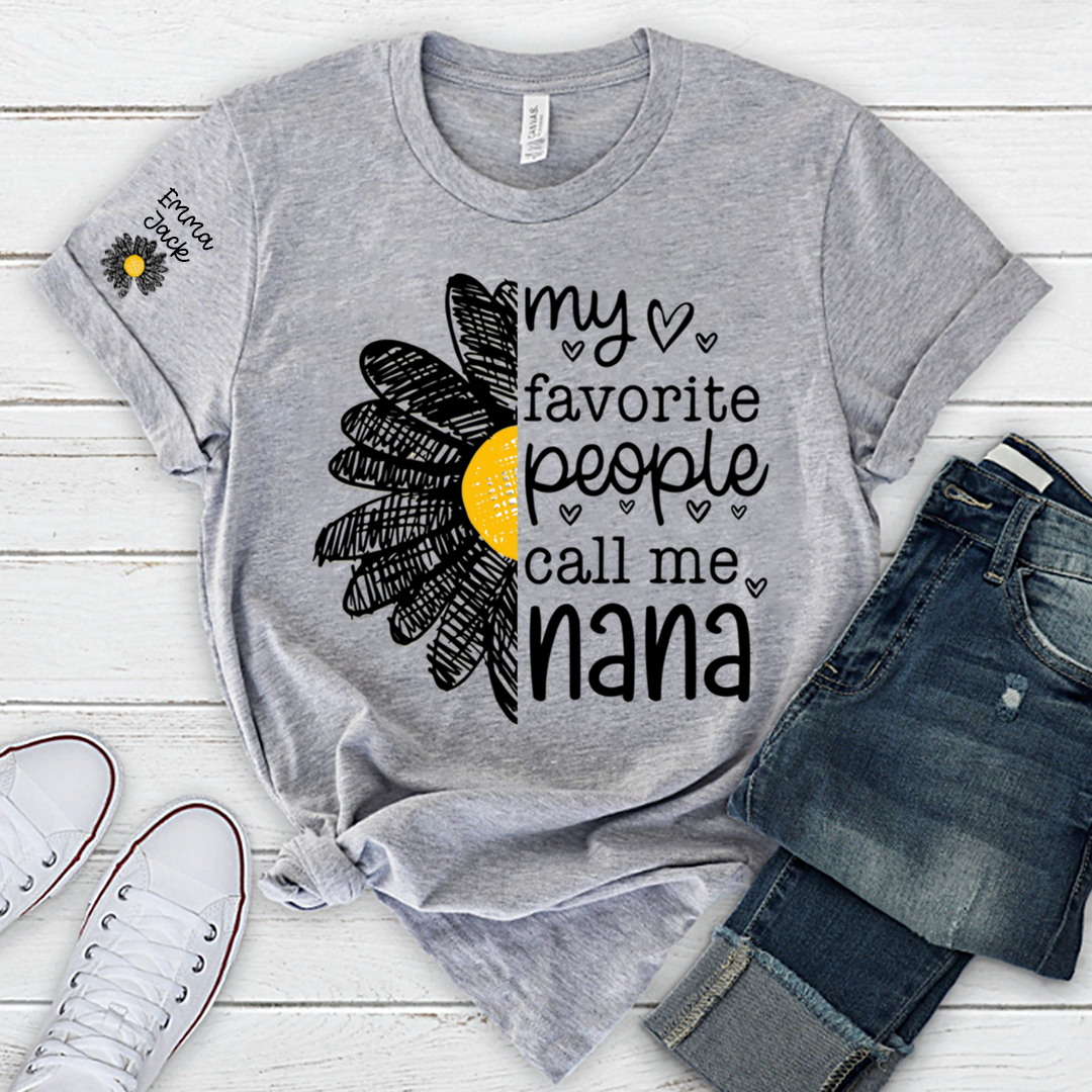 Personalized Nana Floral Shirt with Daisy and Sun Graphics, Custom Grandkids Names