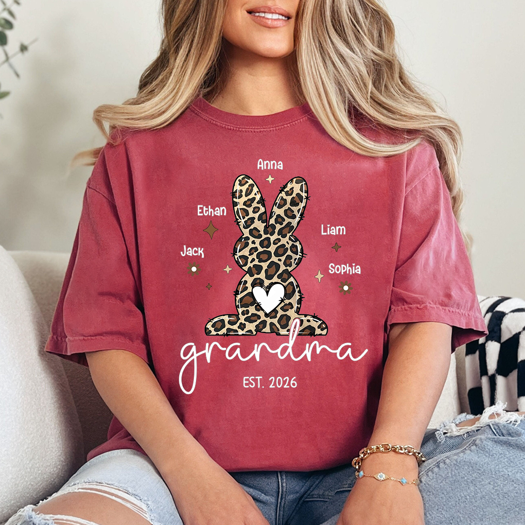 Personalized Grandma Easter Bunny Leopard Print T-shirt, Custom Grandma And Kids