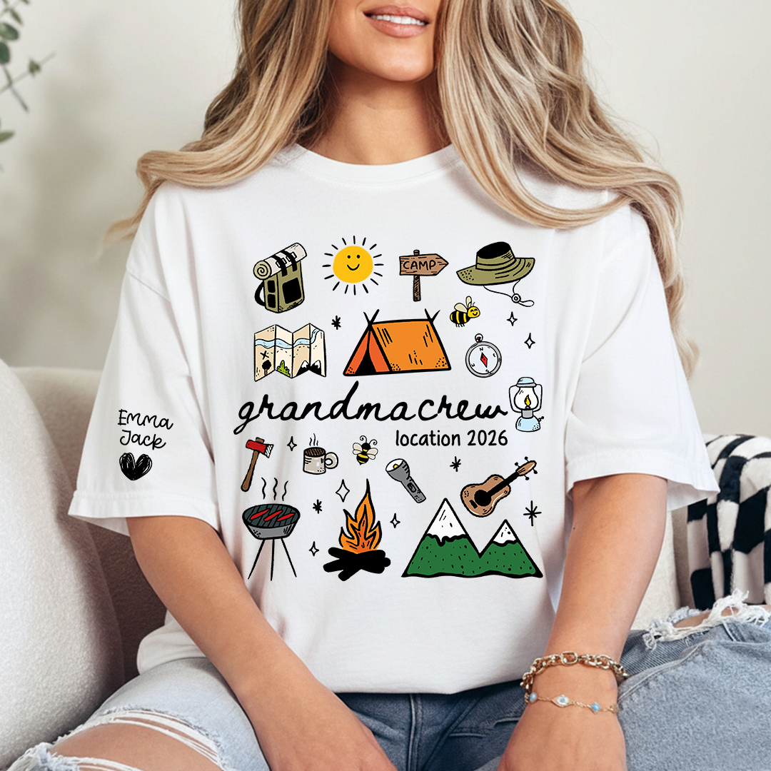 Custom Grandma Crew Camping T Shirt, Personalized Family Names Sleeve Design, Outdoor Adventure Tee for Grandma, Camp Lover Gift