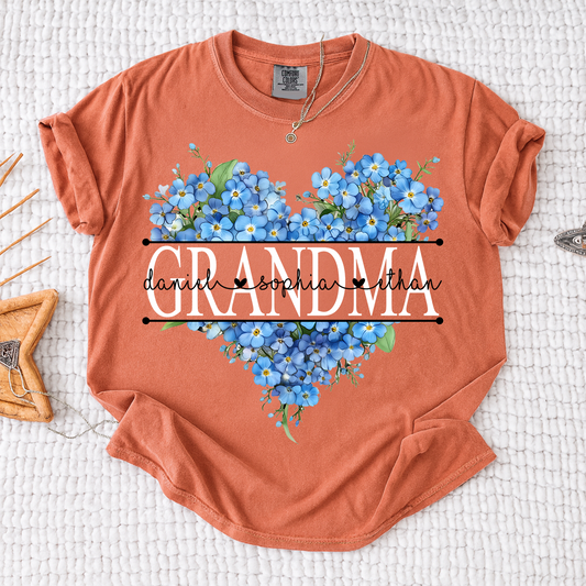 Comfort Mimi Blue Floral Shirt with Custom Grandchildren Names, Heart Family Tee