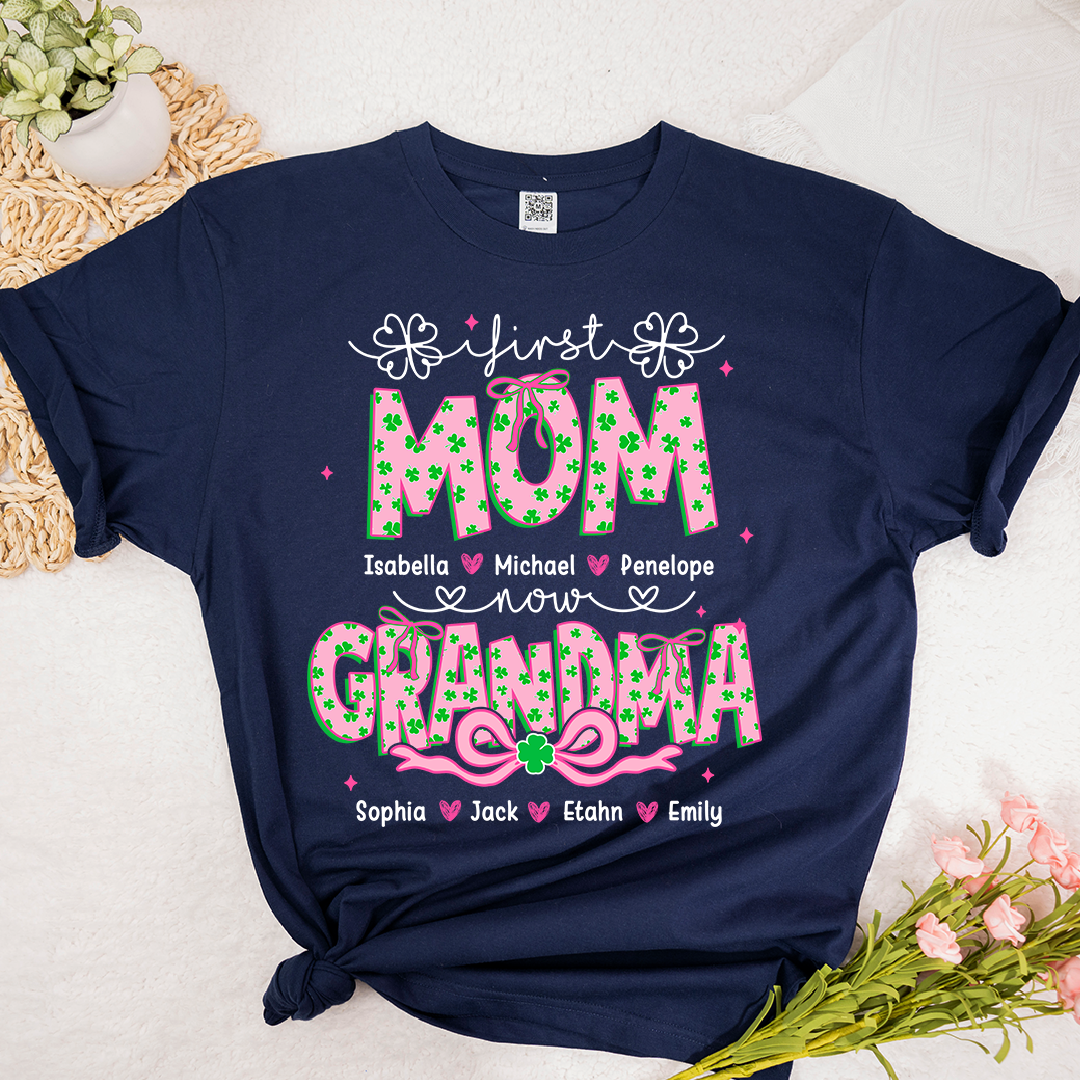 Patrick's Day First Mom Now Grandma Shirt, Personalized Family T-Shirt with Kids and Grandkids Names
