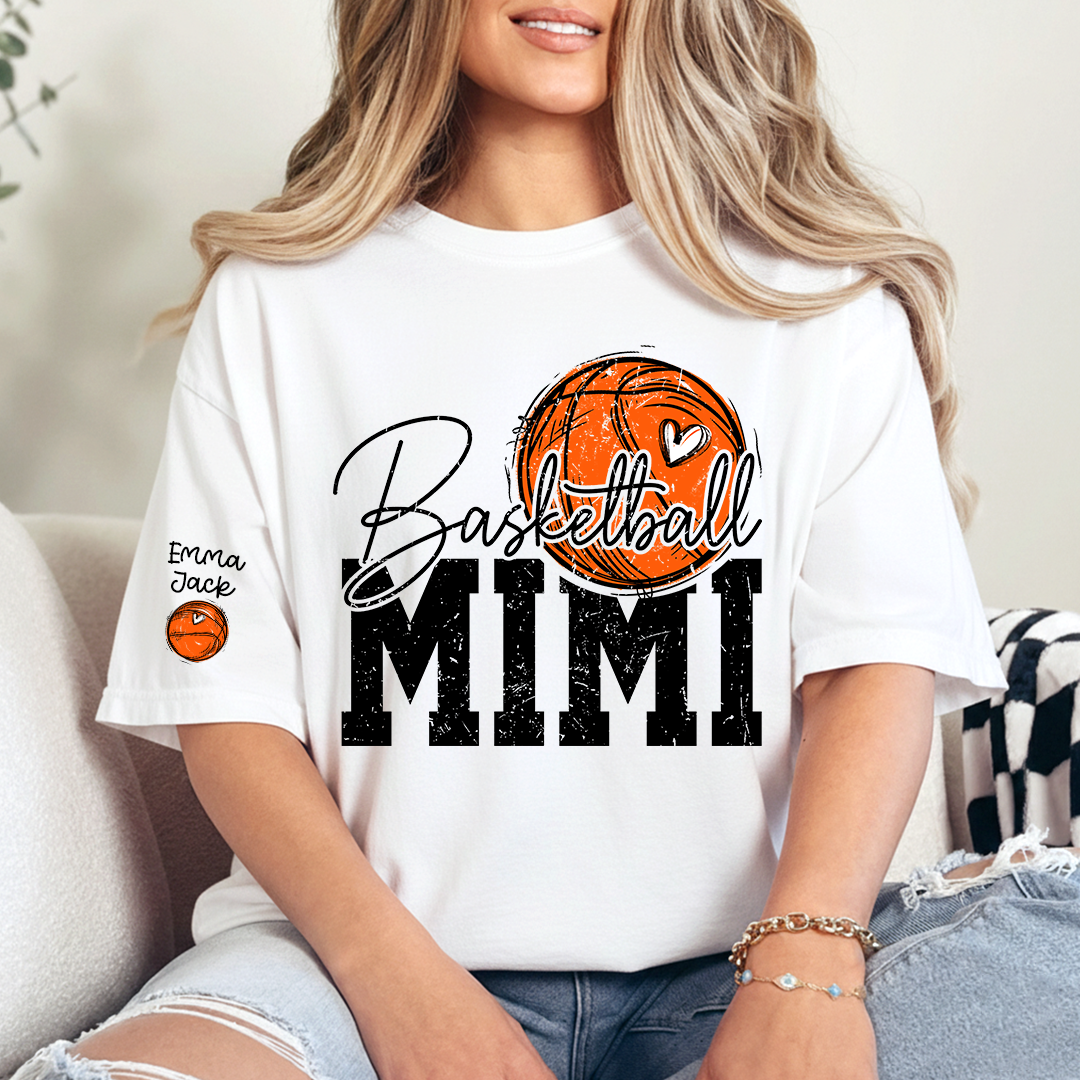 Basketball Mimi T Shirt with Custom Names, Basketball Heart and Hoop Design