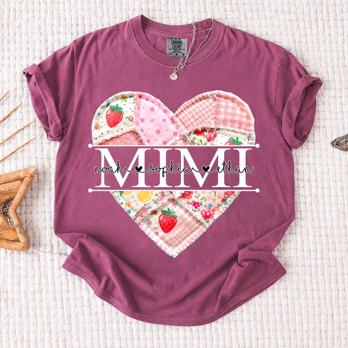 Comfort Colors® Personalized Mimi Heart Patch T-Shirt for Grandma, Custom Family Names Tee