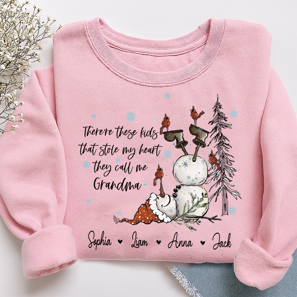 Custom Grandma Snowman Sweatshirt, There’s These Kids That Stole My Heart For Gift Grandma And Kids