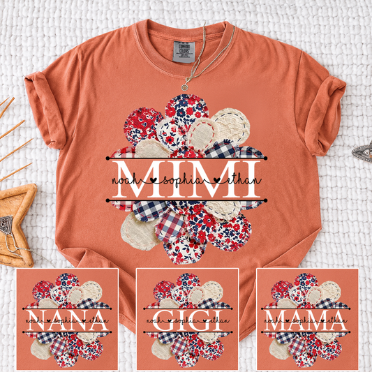Comfort Colors Custom Mimi T-shirt with Grandkids Names, Red and Blue Floral Patchwork