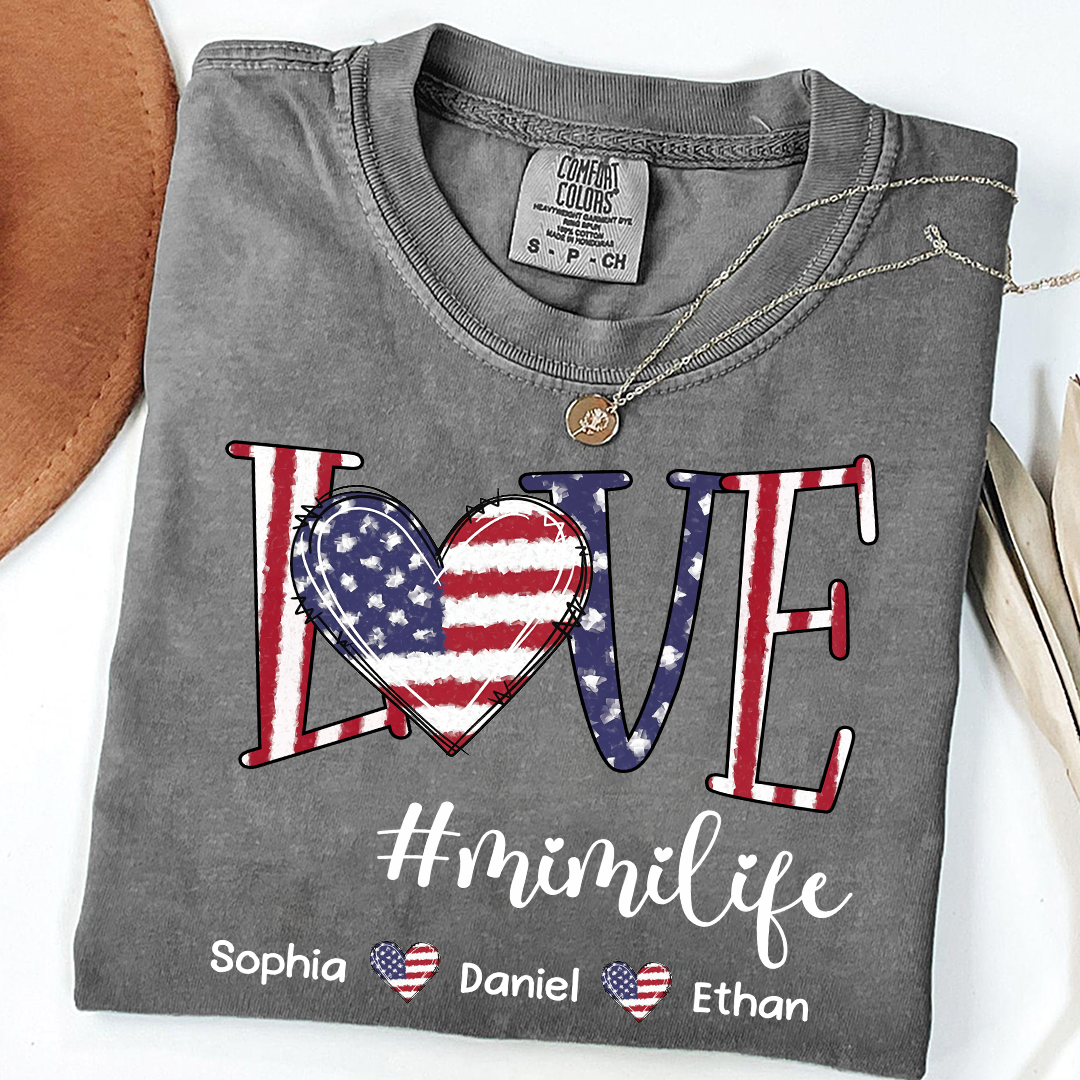 Comfort Colors Custom Mimi T Shirt with Grandkids Names USA Flag Love Graphic Mimi Life Shirt Personalized Grandma Apparel Family Gift