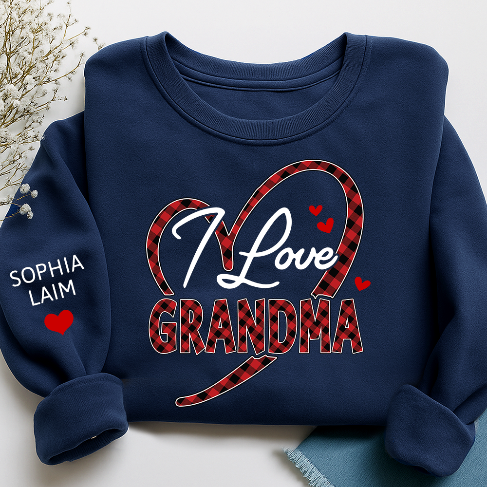 Custom Grandma Sweatshirt with Grandchildren Names, I Love Grandma Plaid Heart Crewneck