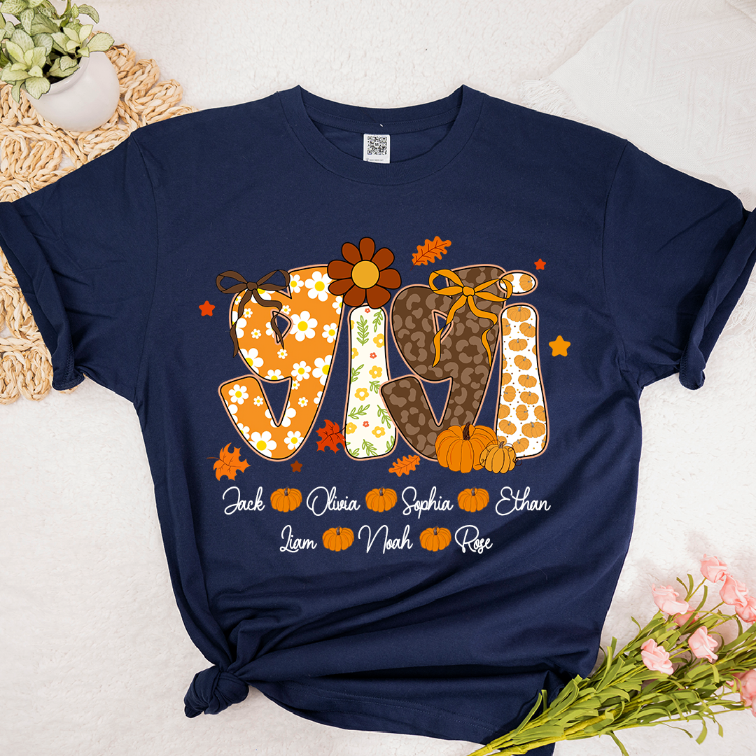 Personalized Pumkin Grandma TShirt, Custom Gigi Nickname with Kids’ Names