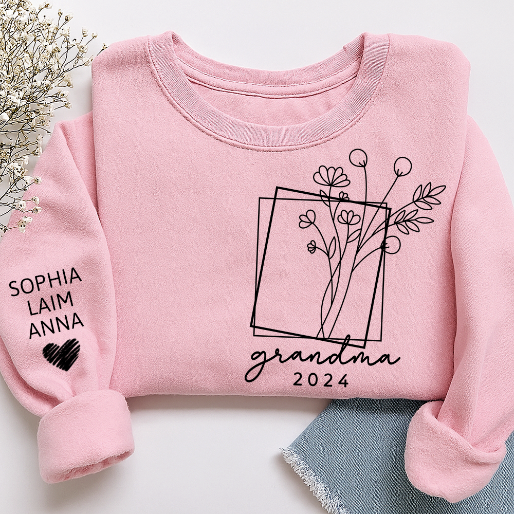 Fall Floral Design Sweatshirt with Flowers, Custom Nickname Grandma And Kids