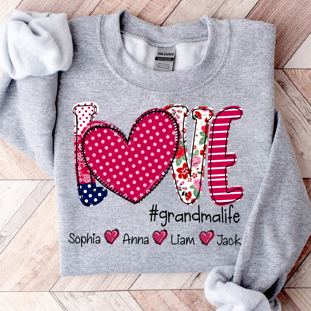 Love Grandma Shirt, Heart Patchwork Sweatshirt with Kids’ Names