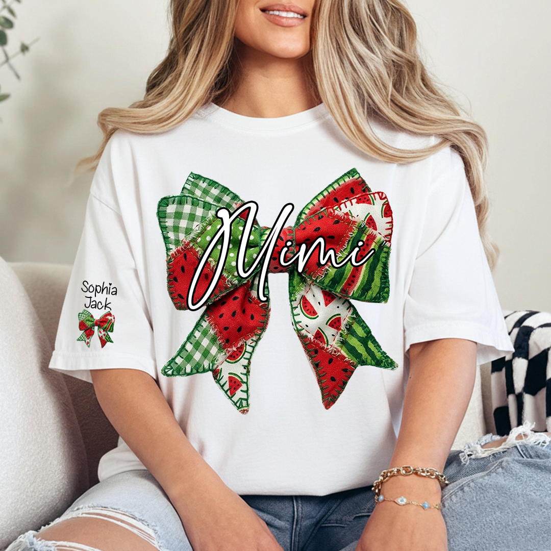 Mimi Watermelon Bow T-Shirt Personalized Grandma Shirt Summer Family Names Tee
