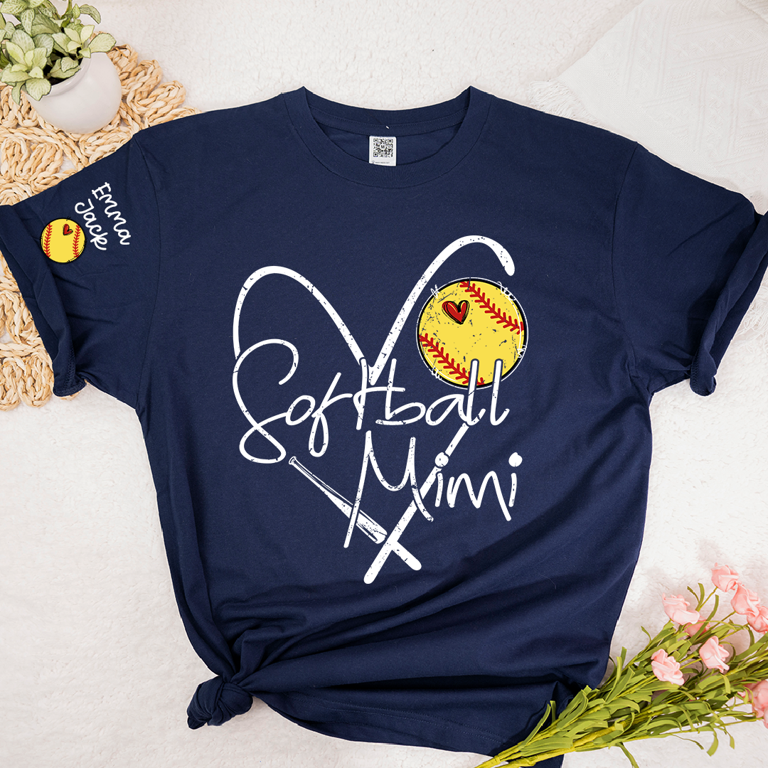 Softball Mimi Shirt Personalized with Grandkids Names, Heart and Bat Sports Family T Shirt
