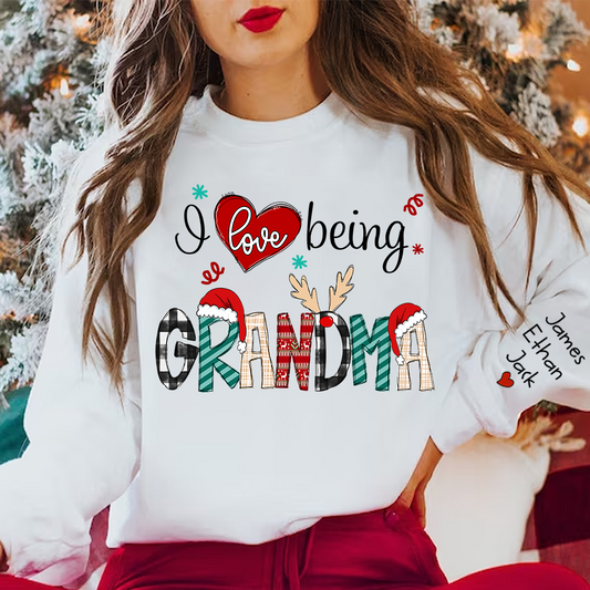 Merry Christmas I Love Being Grandma Sweatshirt, Custom Grandma and Grandkids Sweatshirt