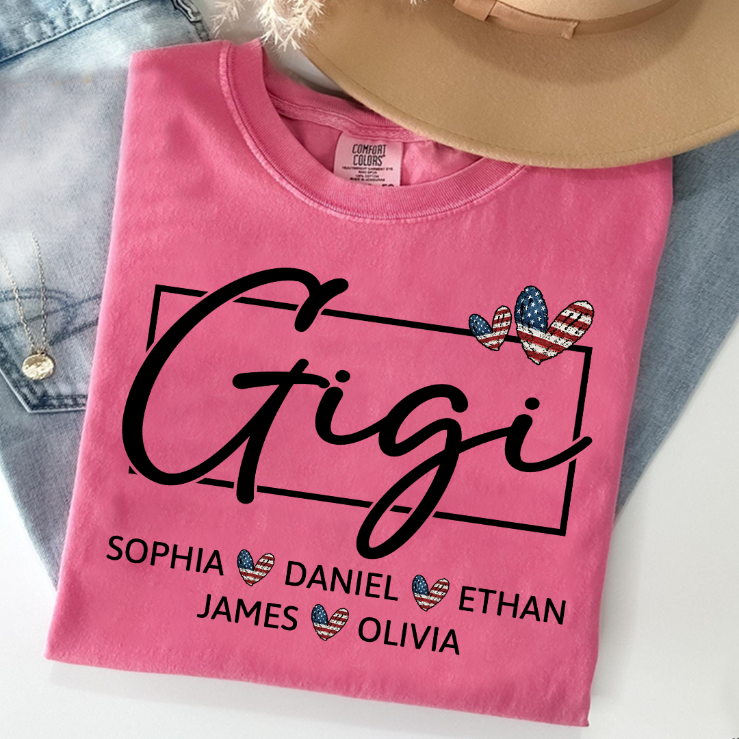 Comfort Colors Personalized Gigi Shirt with Children Names USA Flag Heart Graphic Custom Grandma Tee Stylish Script Design Family Gift Shirt