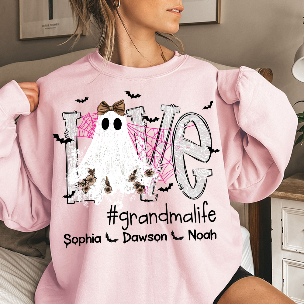 Personalized Mimi Life Halloween Sweatshirt, Custom Love Ghost Shirt with Kids Names