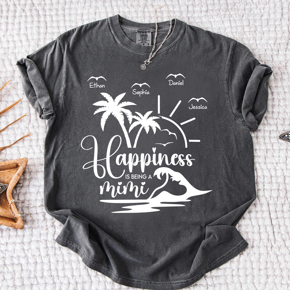 Comfort Colors Personalized Mimi Beach Shirt with Grandkids Names, Happiness Is Being a Mimi Tee, Custom Summer Grandma Gift