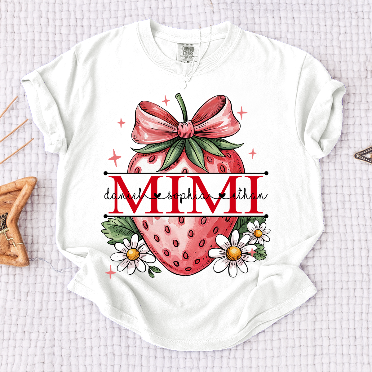 Comfort Colors® Custom Mimi T Shirt with Strawberry Bow Design, Floral Grandma Graphic Tee, Cute Summer Fruit Shirt for Mimi
